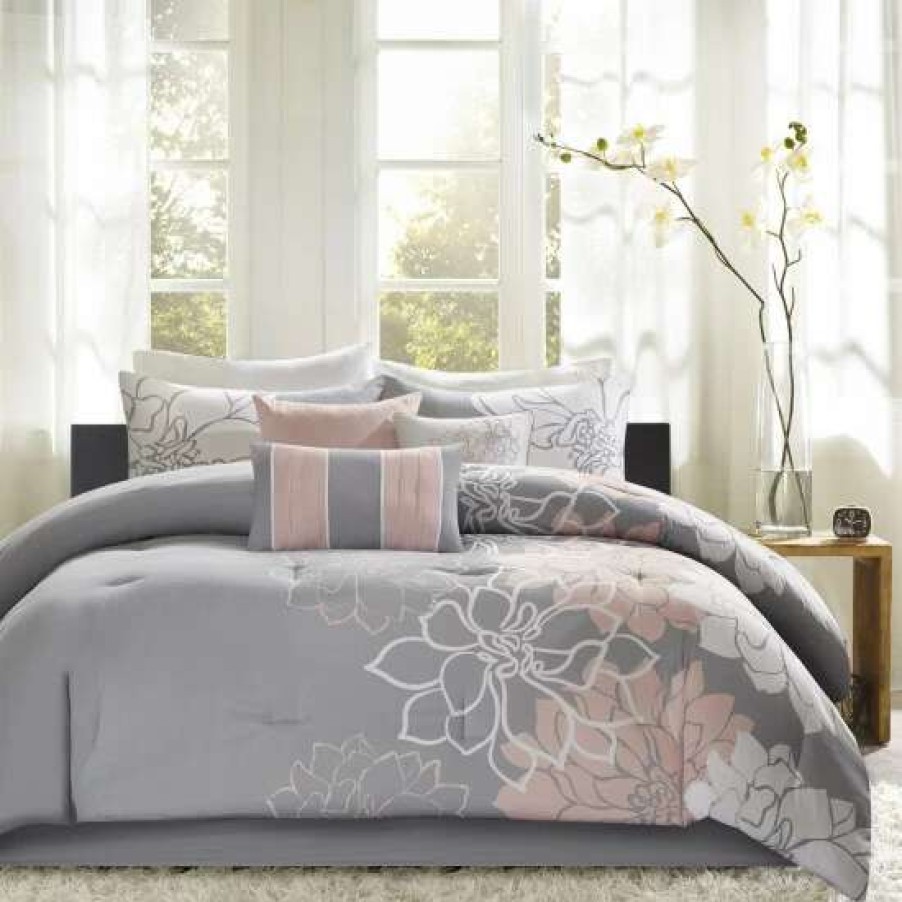 Online Best Pirce Madison Park Brianna Grey/ Blush Cotton Sateen Printed Comforter Set