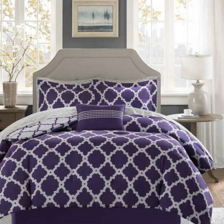 Clearance Coupon Madison Park Essentials Concord Purple/ Grey Reversible Complete Comforter Set With Cotton Bed Sheets