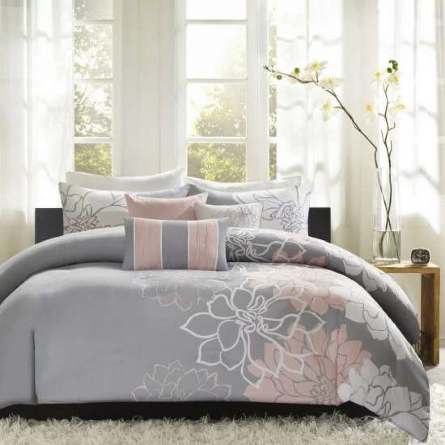 New Flash Sale Madison Park Brianna Grey/ Blush Cotton Sateen Printed 6-Piece Duvet Cover Set