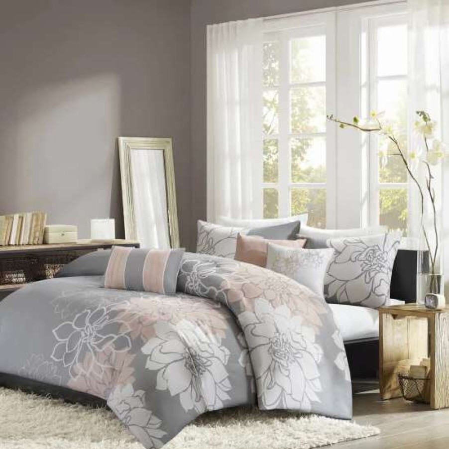 New Flash Sale Madison Park Brianna Grey/ Blush Cotton Sateen Printed 6-Piece Duvet Cover Set