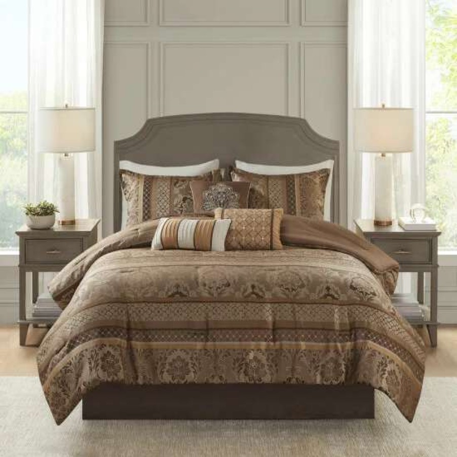 Clearance Best Reviews Of Madison Park Venetian Brown Gold 7-Piece Jacquard Comforter Set