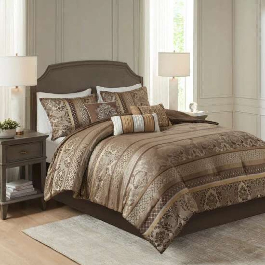 Clearance Best Reviews Of Madison Park Venetian Brown Gold 7-Piece Jacquard Comforter Set