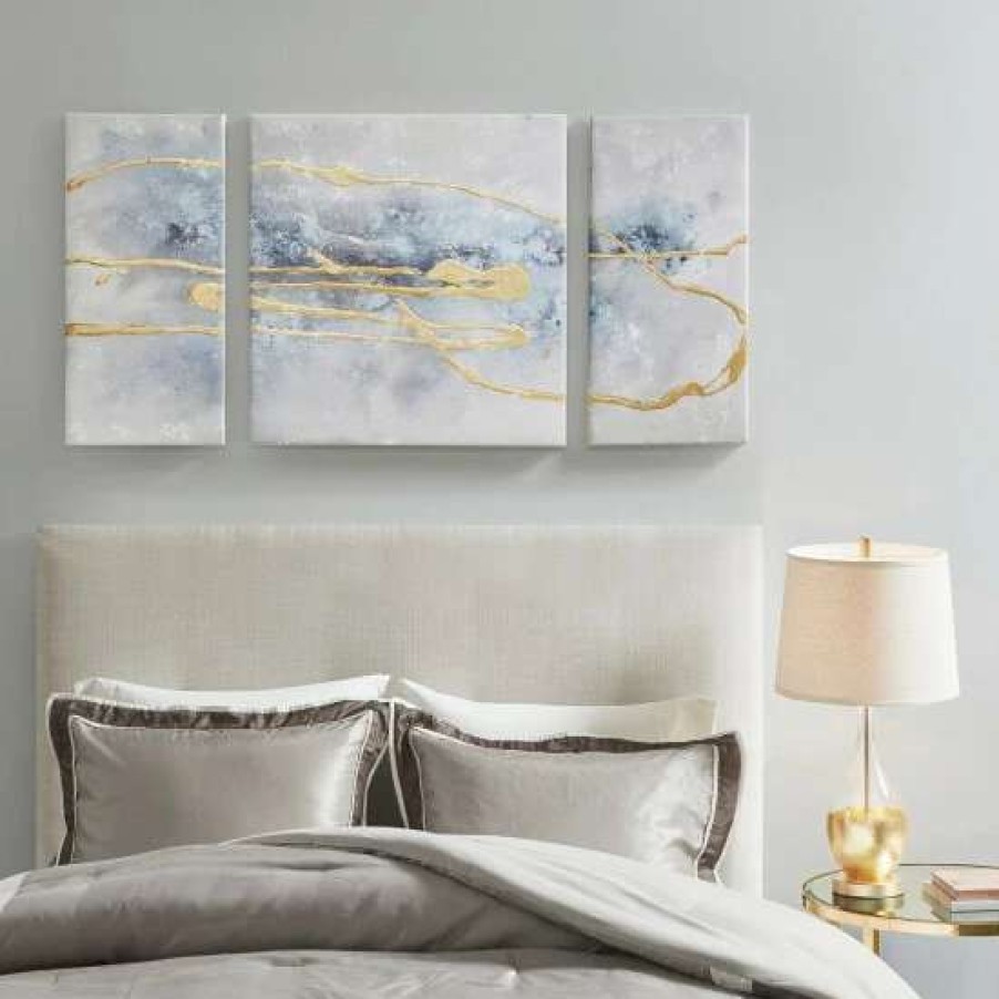 Best Budget Madison Park Cosmo Blue/ Gold 3 Piece Canvas Set Hand Embellished Textured Glitter And Gold Foil