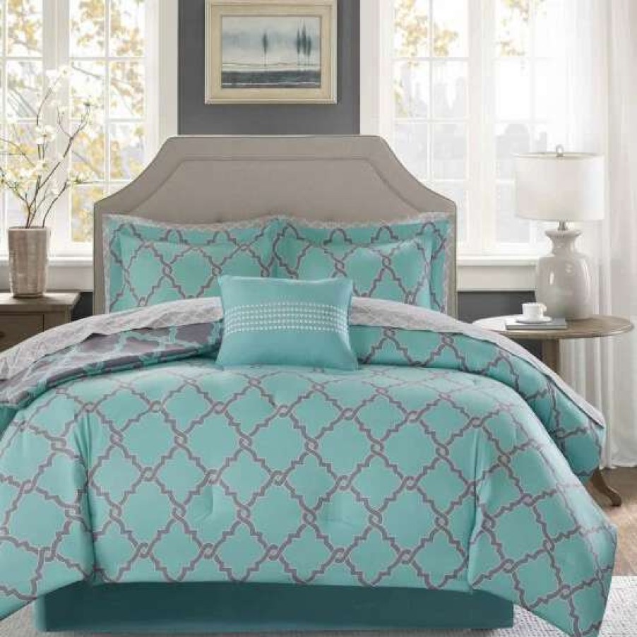 New New Madison Park Essentials Concord Aqua/ Grey Reversible Complete Comforter And Cotton Sheet Set