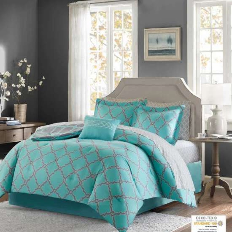 New New Madison Park Essentials Concord Aqua/ Grey Reversible Complete Comforter And Cotton Sheet Set