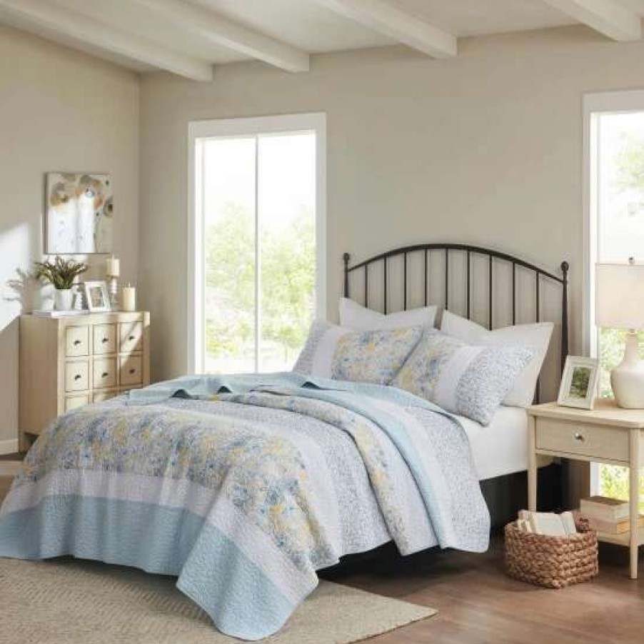 Hot Buy Madison Park Ava 3 Piece Reversible Cotton Coverlet Set Aqua/Yellow