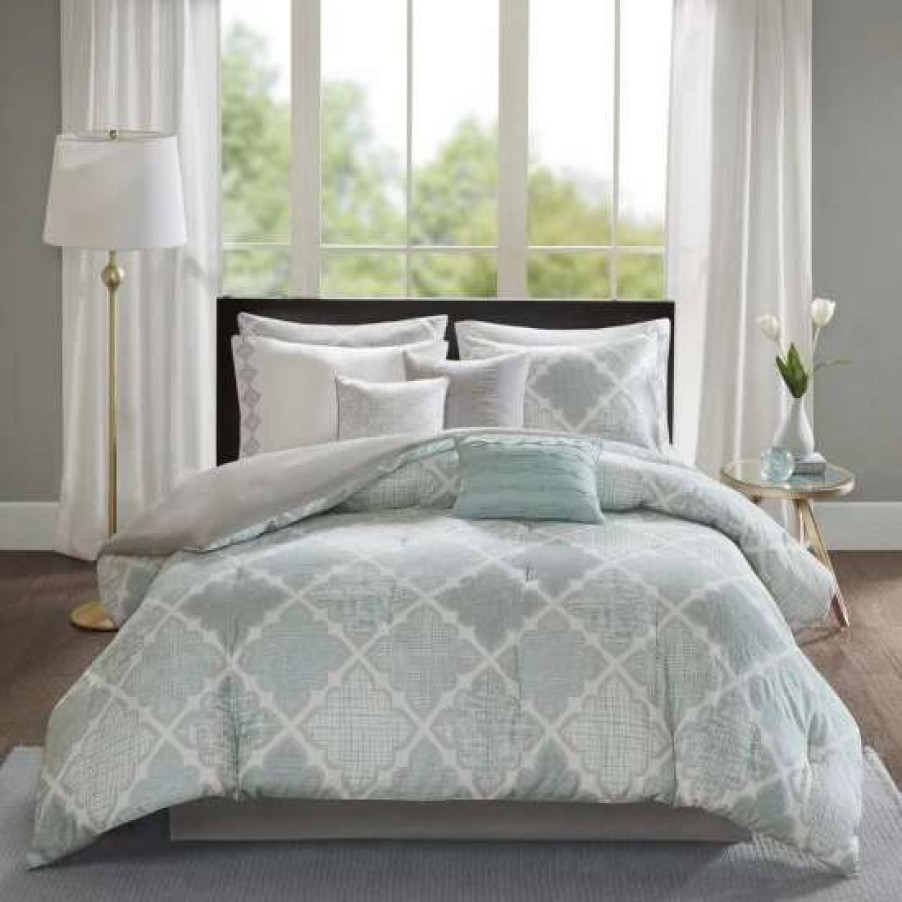 Clearance New Madison Park Karyna Aqua 9-Piece Cotton Sateen Printed Comforter Set