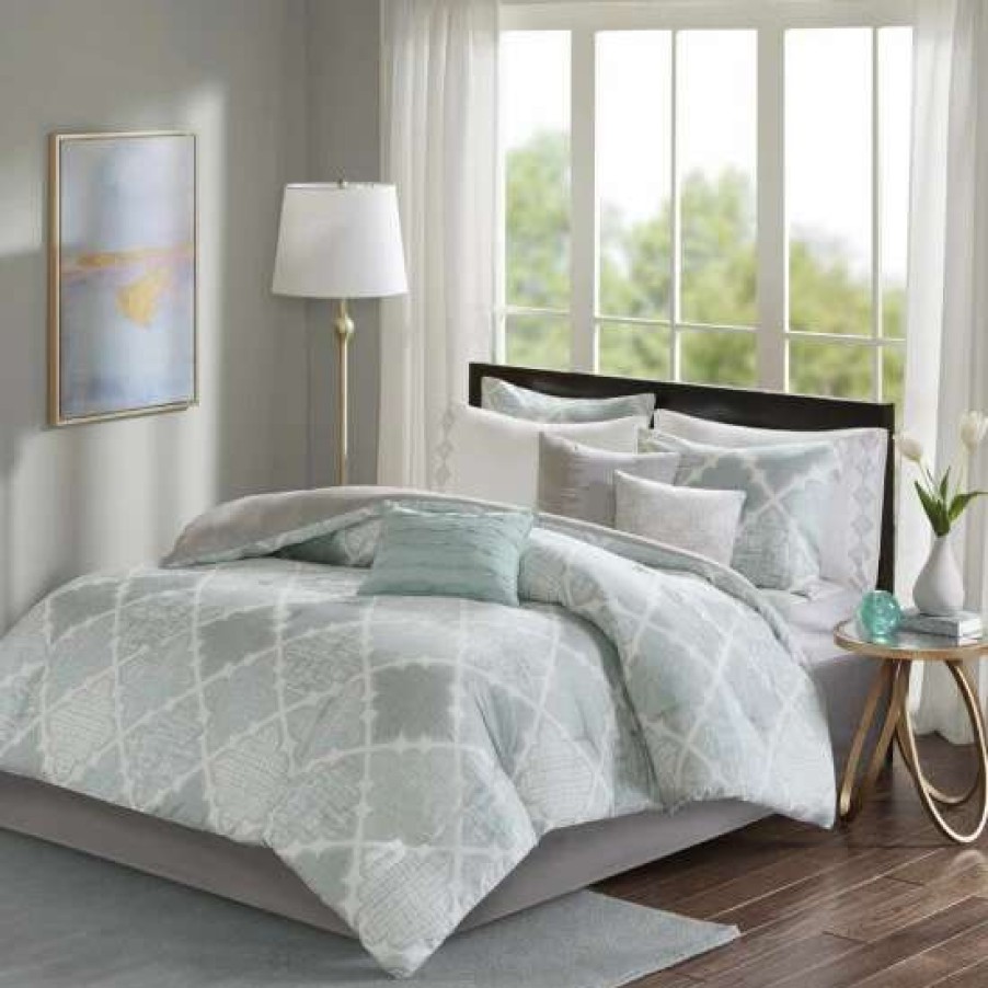 Clearance New Madison Park Karyna Aqua 9-Piece Cotton Sateen Printed Comforter Set