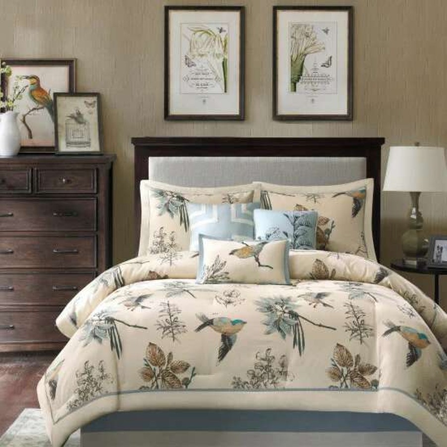 Best Buy Madison Park Pierce Printed Bird Pattern Cotton Twill 7-Piece Comforter Set