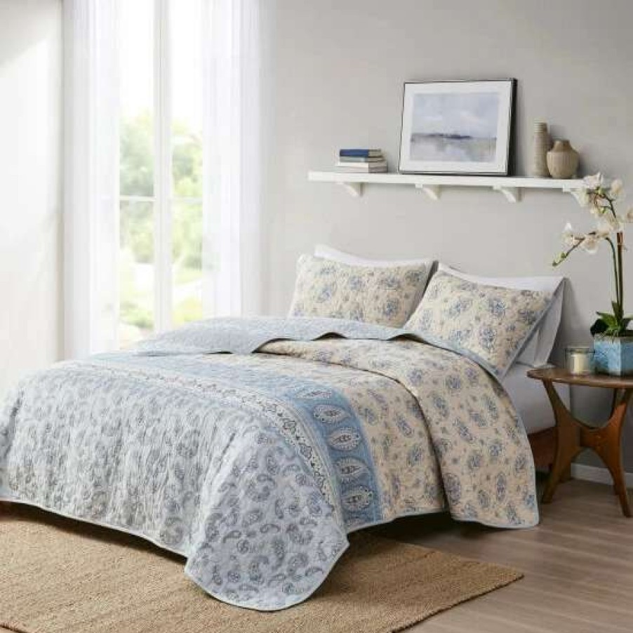 Online Cheap Madison Park Rosie Blue/ Taupe Reversible Cotton Coverlet Set