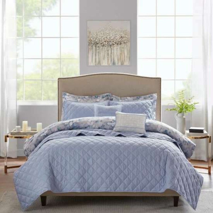 Best Buy Madison Park Zinnia Blue 8 Piece Printed Seersucker Comforter And Coverlet Set Collection