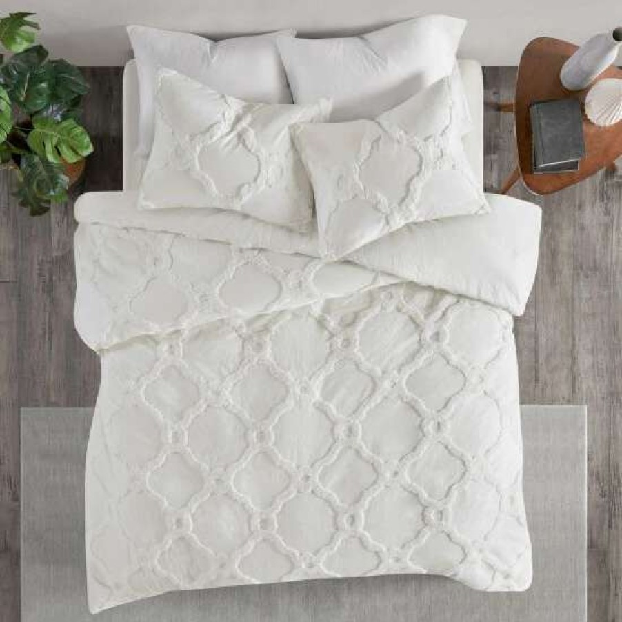 Best Best Reviews Of Madison Park Nollie Tufted Cotton Chenille Geometric Duvet Cover Set Off White