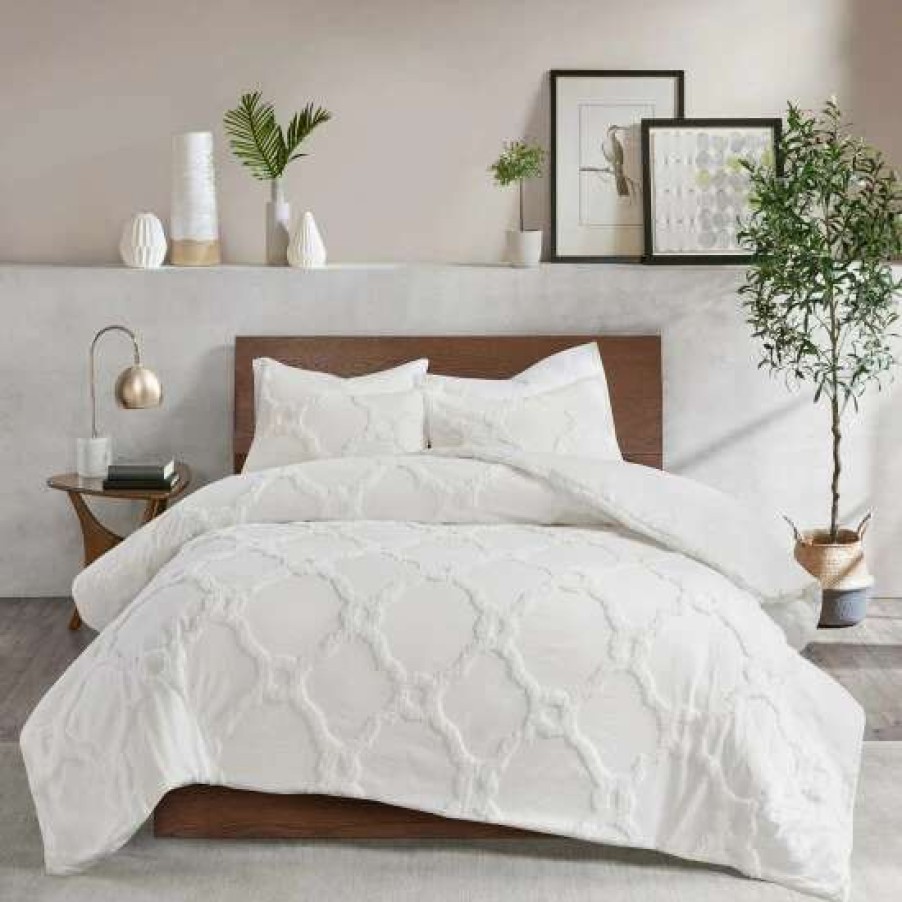 Best Best Reviews Of Madison Park Nollie Tufted Cotton Chenille Geometric Duvet Cover Set Off White