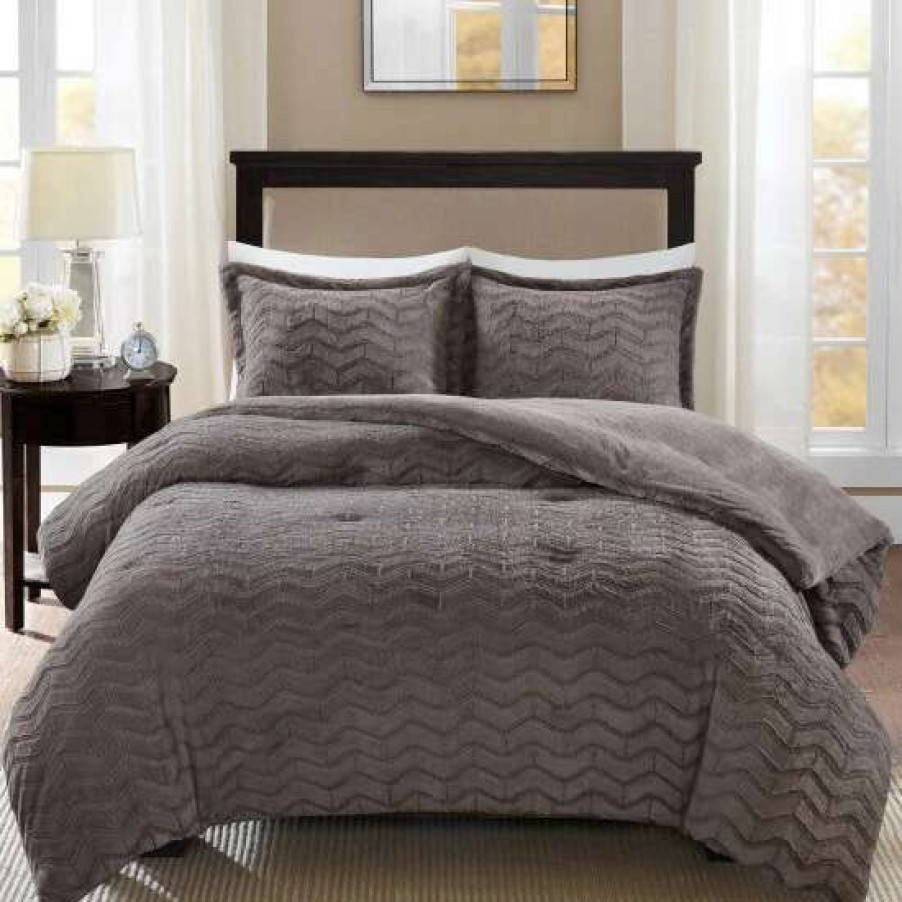 Best Buy Madison Park Kaplan Plushed Long Fur Down Alternative Comforter 3-Piece Set (2-Color Option) Grey