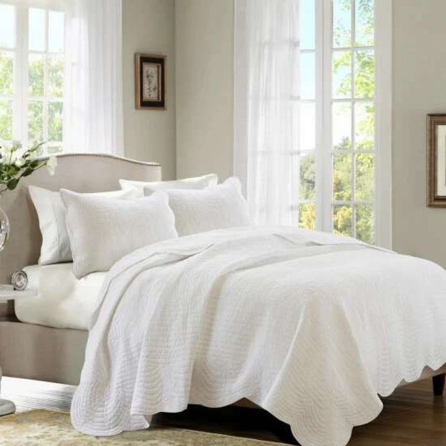 New Wholesale Madison Park Marino White Reversible Scalloped Edge Coverlet Set