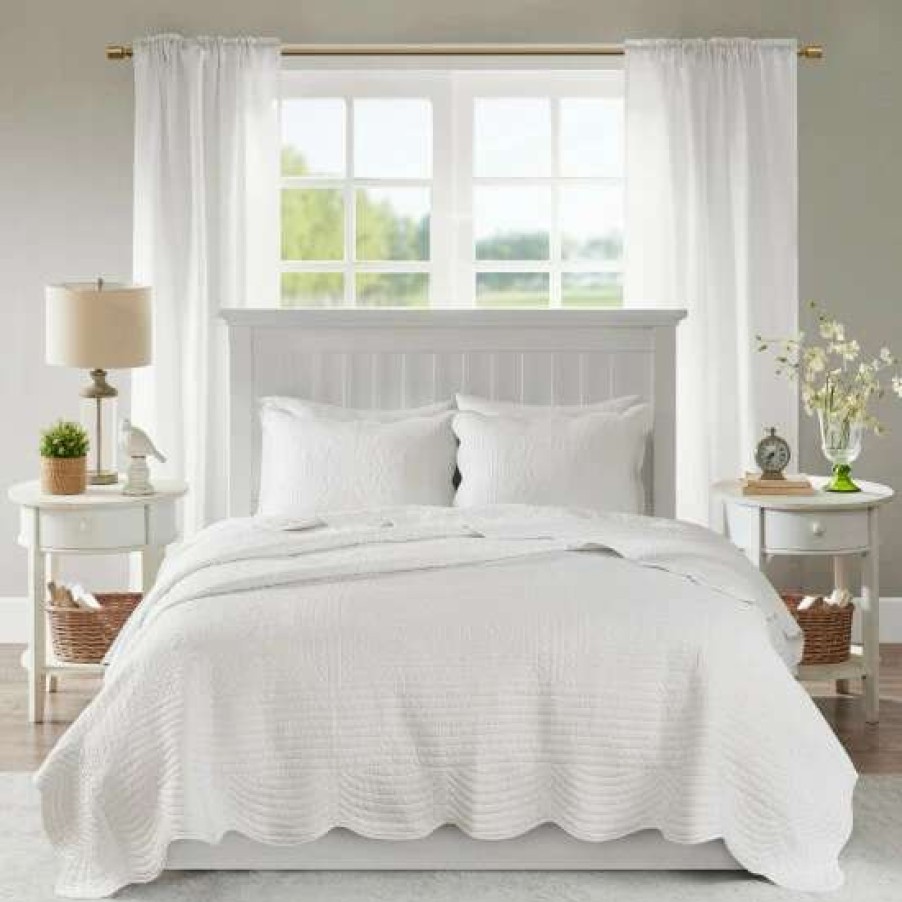 New Wholesale Madison Park Marino White Reversible Scalloped Edge Coverlet Set