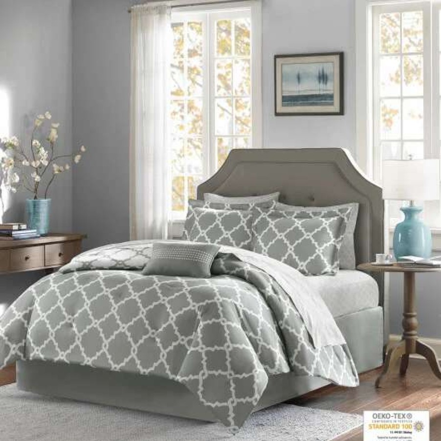 Online Best Pirce Madison Park Essentials Almaden Grey Trellis Pattern Reversible Complete Comforter Set With Cotton Bed Sheets