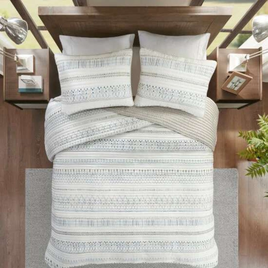 Wholesale Discount Madison Park Joshua 3 Piece Reversible Printed Microfiber Seersucker Coverlet Set Taupe Multi