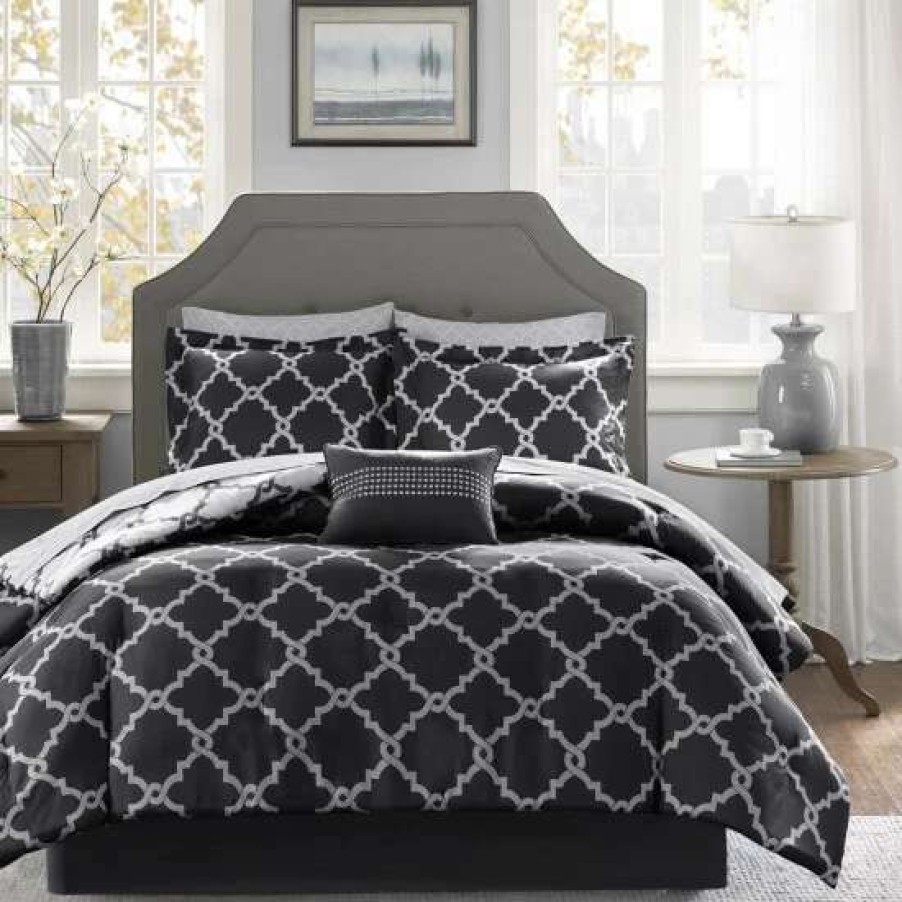 Clearance Buy Madison Park Essentials Alameda Black Reversible Complete Comforter Set With Cotton Bed Sheets