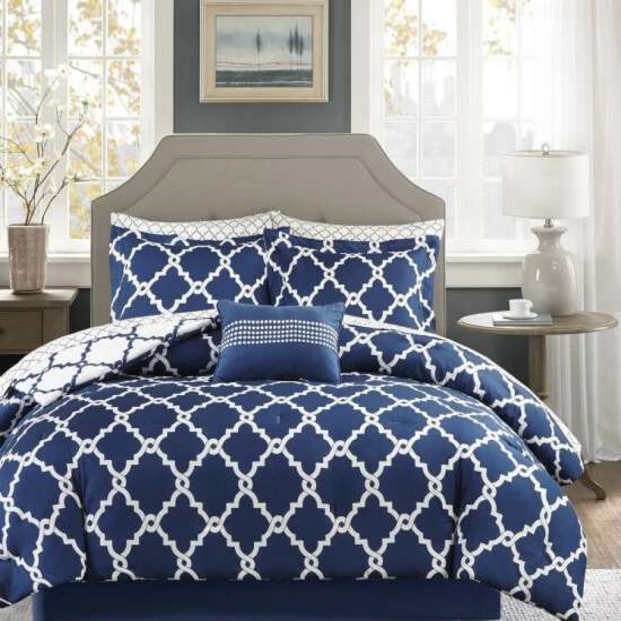 Clearance Best Sale Madison Park Essentials Cole Navy Reversible Complete Comforter Set With Cotton Bed Sheets