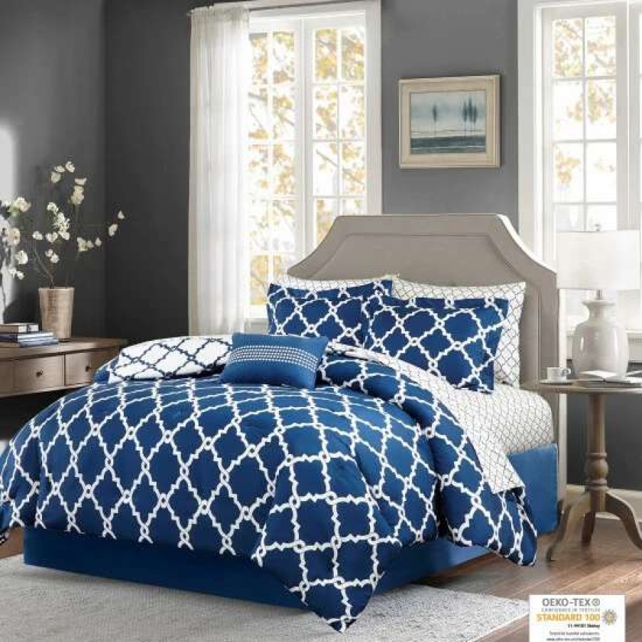 Clearance Best Sale Madison Park Essentials Cole Navy Reversible Complete Comforter Set With Cotton Bed Sheets