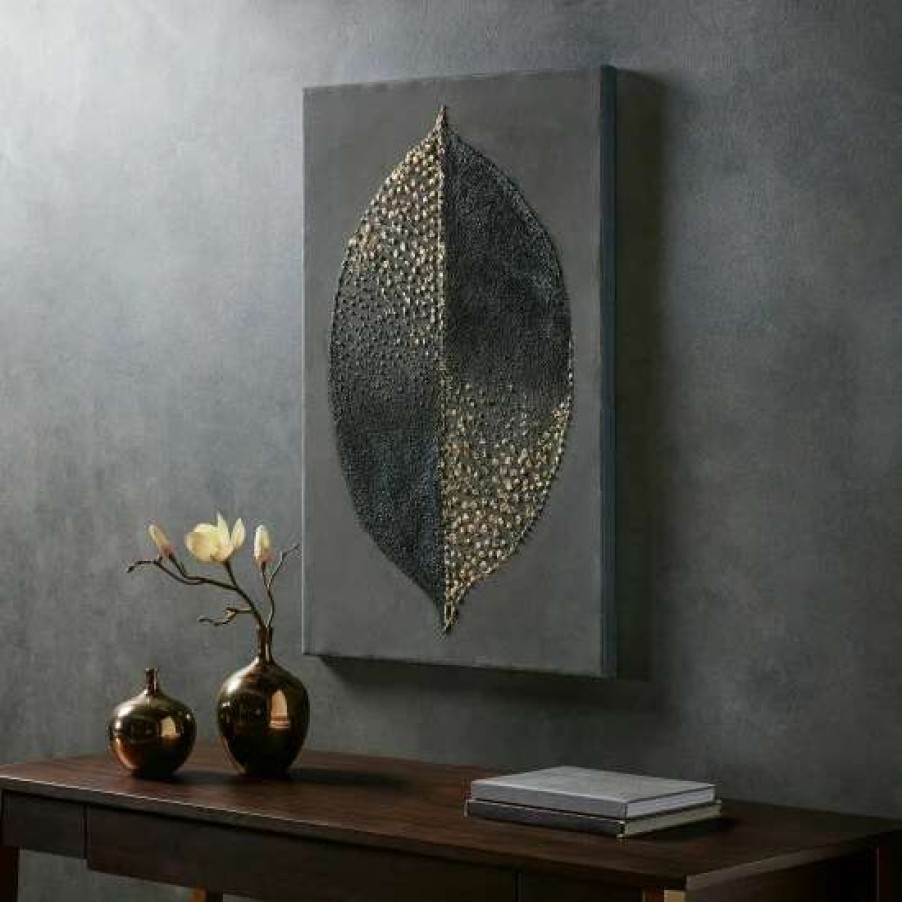 Best Flash Sale Madison Park Leaf Charcoal/ Gold Heavy Textured Canvas With Foil Embellishment