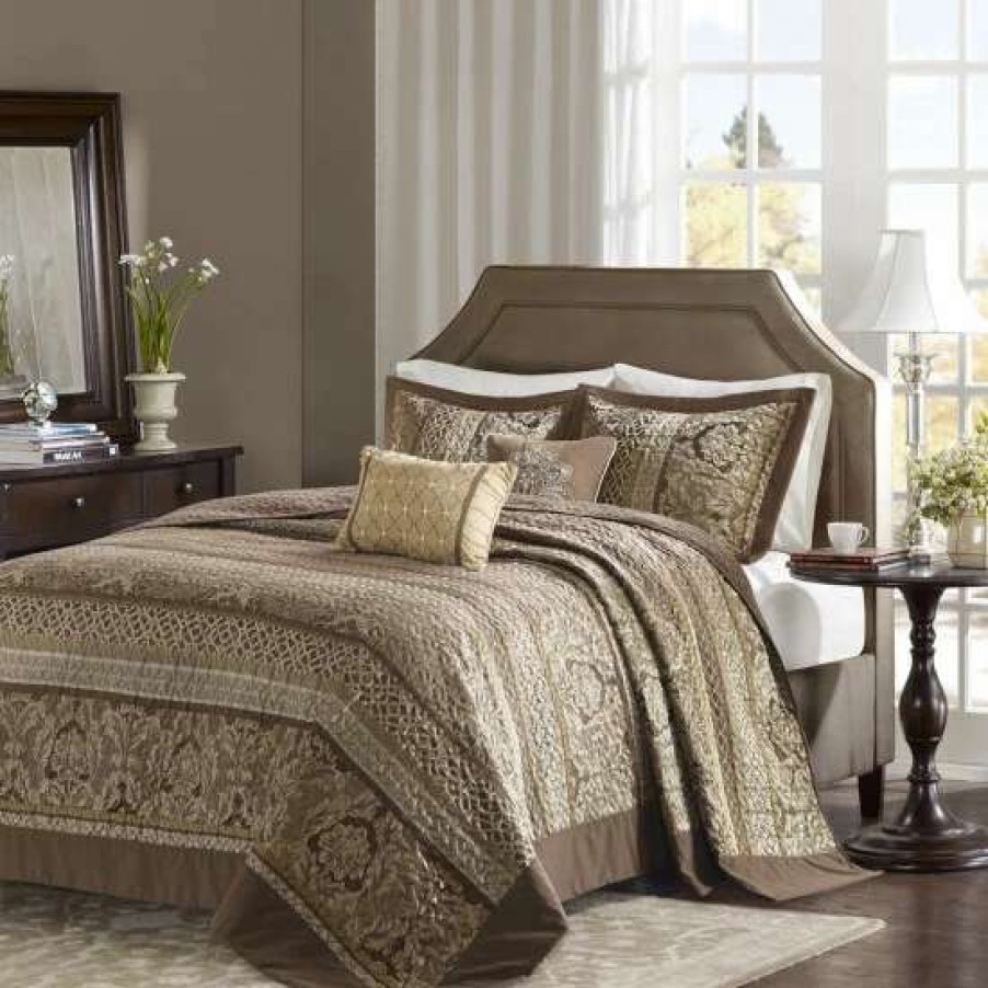 Best New Madison Park Venetian Brown/ Gold 5 Pieces Oversized Jacquard Bedspread Set