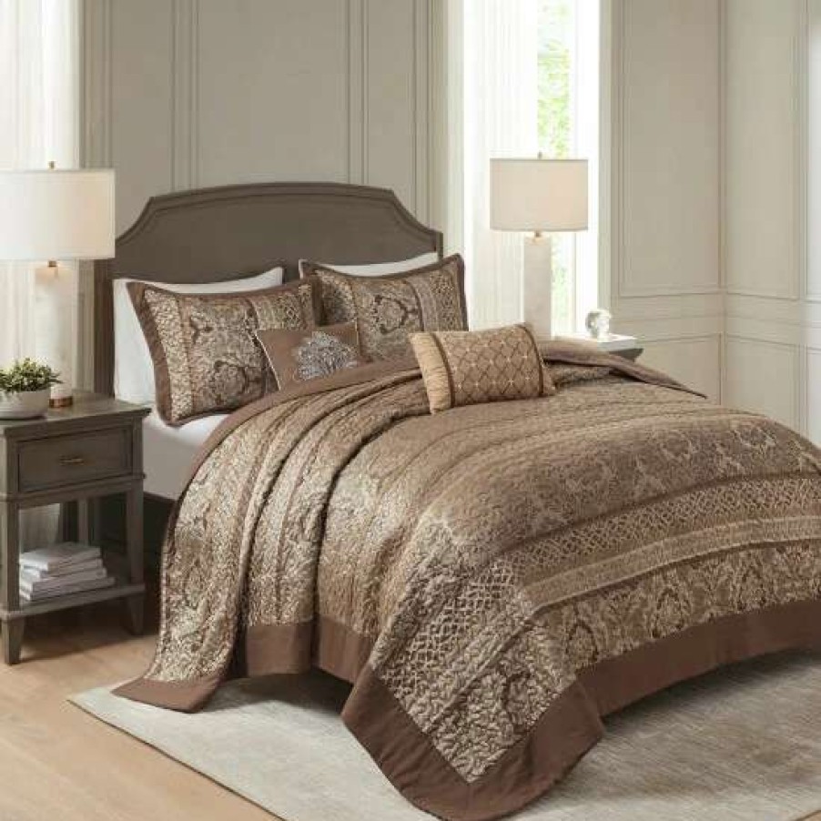 Best New Madison Park Venetian Brown/ Gold 5 Pieces Oversized Jacquard Bedspread Set