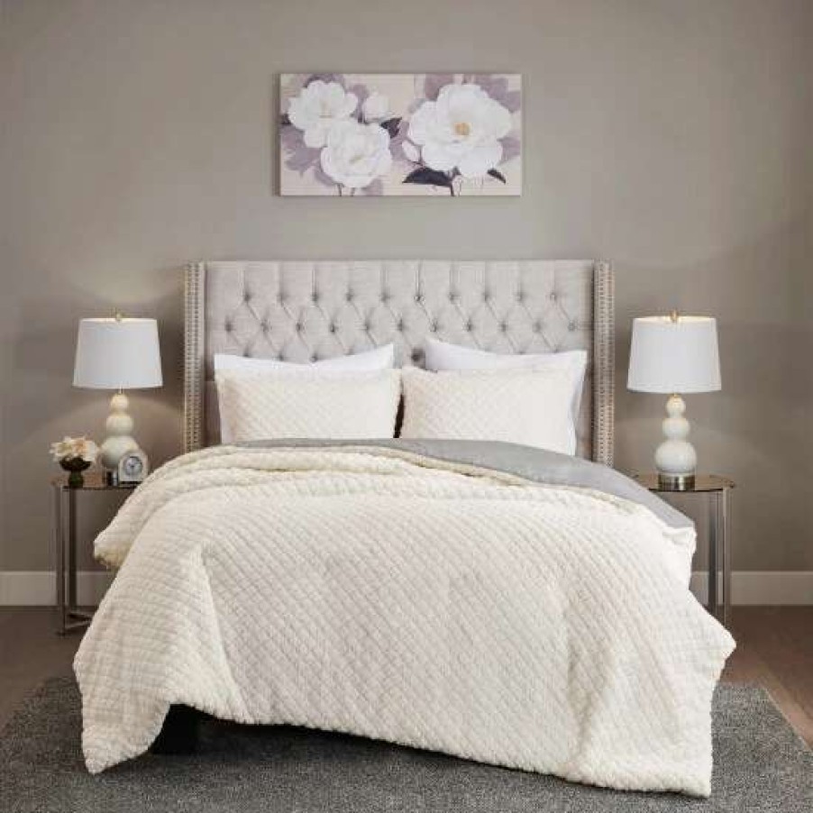 Wholesale Best Deal Madison Park Colden Ivory/ Grey Reversible Textured Sherpa To Faux Mink Comforter Set