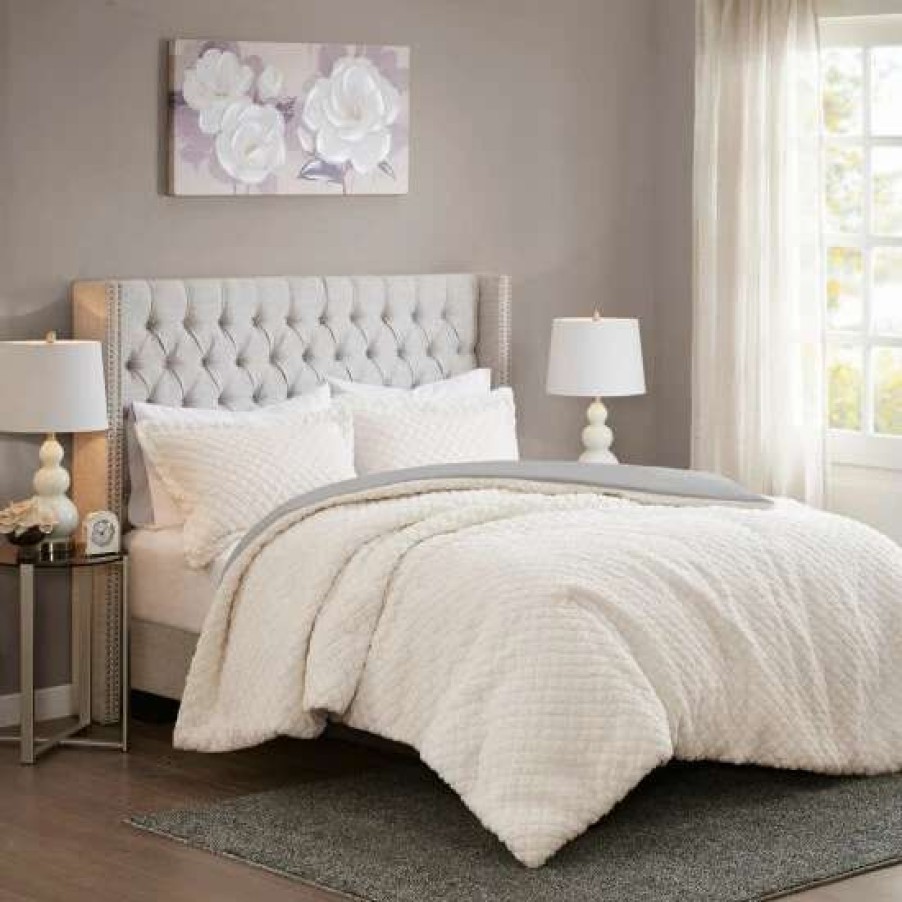 Wholesale Best Deal Madison Park Colden Ivory/ Grey Reversible Textured Sherpa To Faux Mink Comforter Set