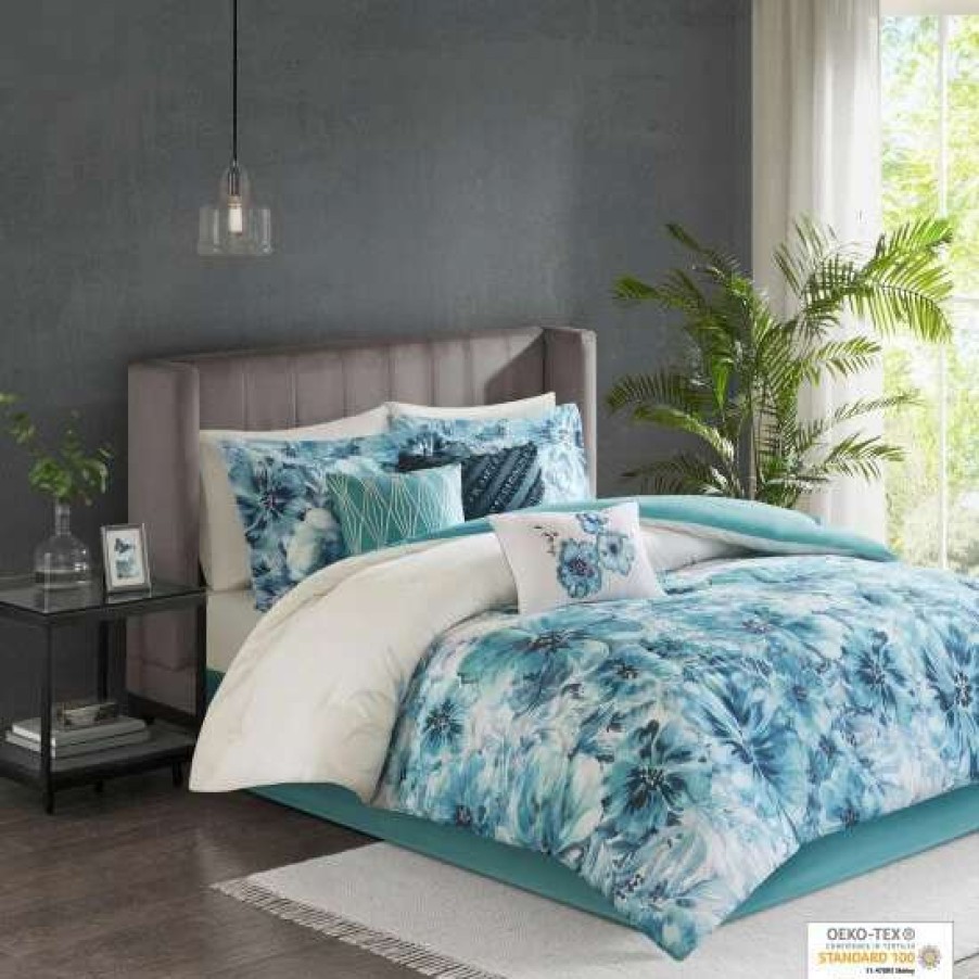 New Budget Madison Park Adella Teal 7 Piece Cotton Printed Comforter Set