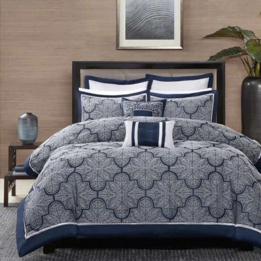 Clearance Top 10 Madison Park Barrett Navy 8-Piece Jacquard Comforter Set