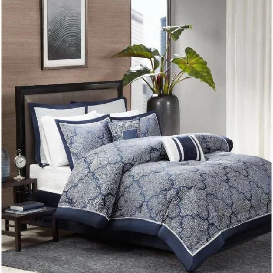 Clearance Top 10 Madison Park Barrett Navy 8-Piece Jacquard Comforter Set