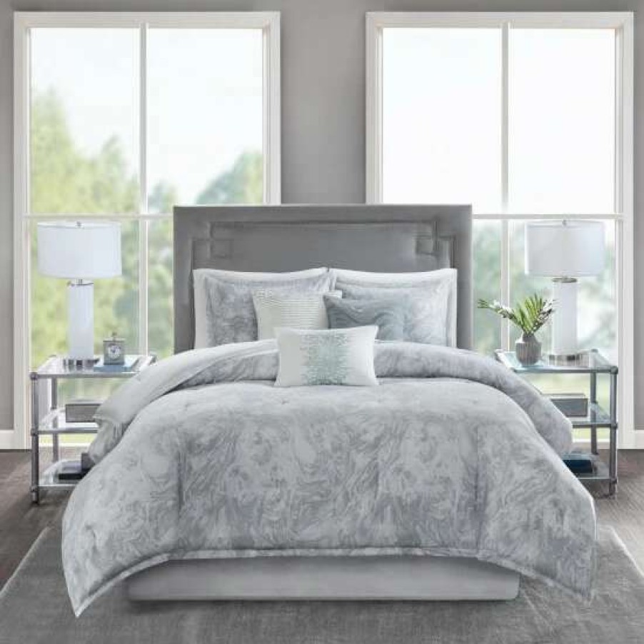 Hot Best Pirce Madison Park Nowell 7-Piece Marble Pattern Cotton Sateen Comforter Set Grey