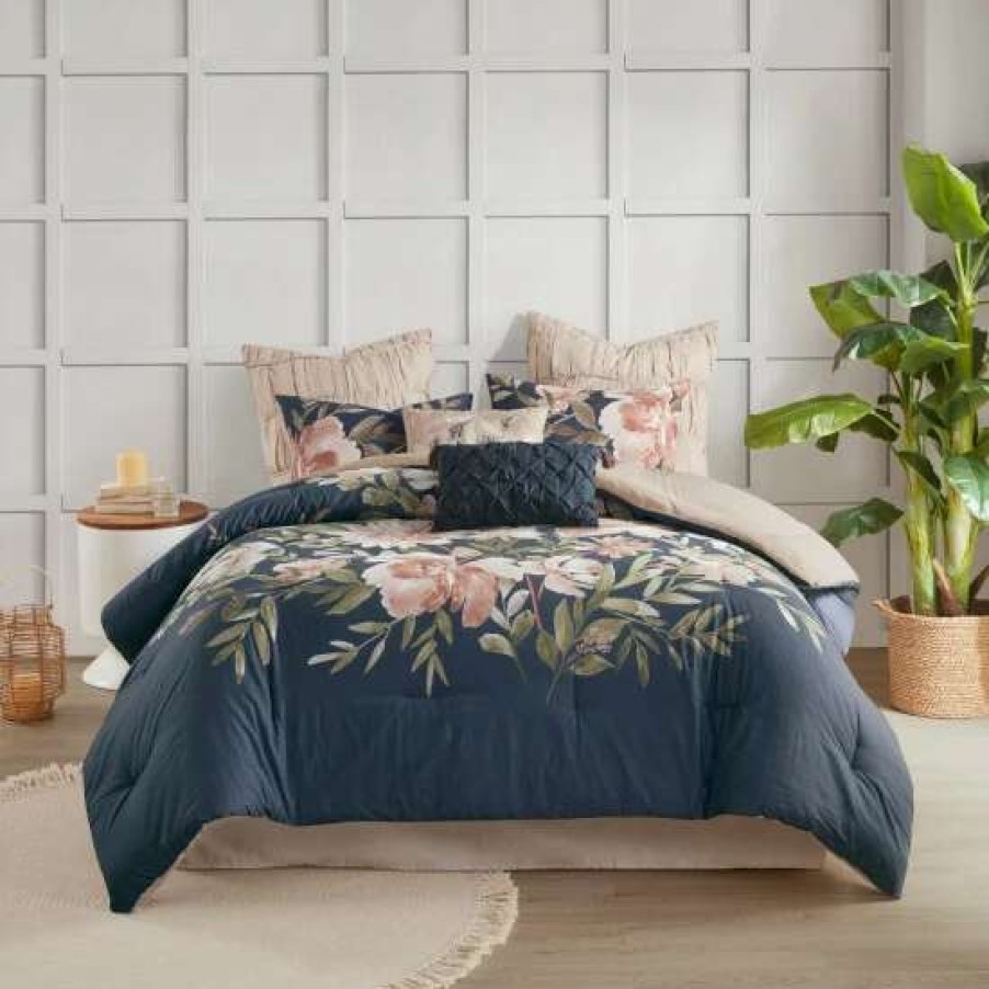 Wholesale Best Sale Madison Park Maia Blush Floral Print 8-Piece Cotton Comforter Set Navy