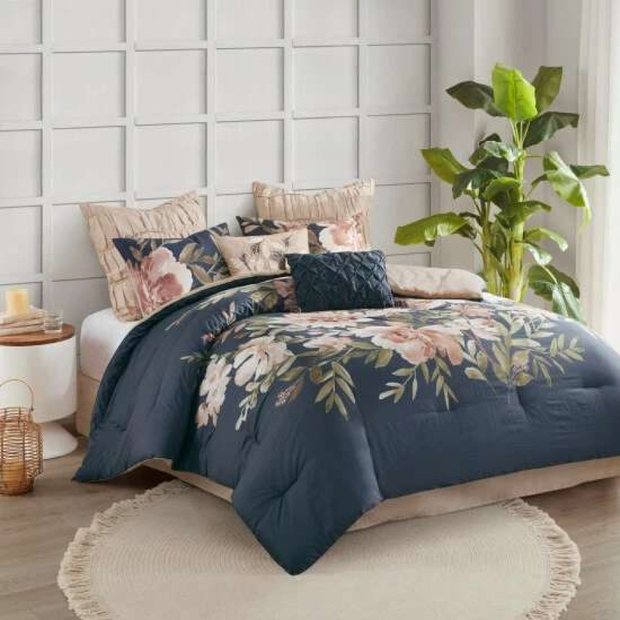 Wholesale Best Sale Madison Park Maia Blush Floral Print 8-Piece Cotton Comforter Set Navy