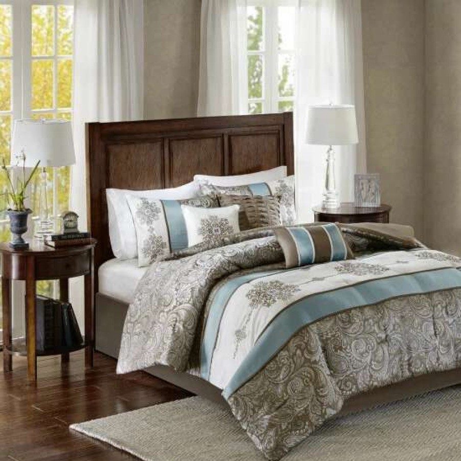 New Top 10 Madison Park Lorraine Blue Jacquard 7-Piece Comforter Set