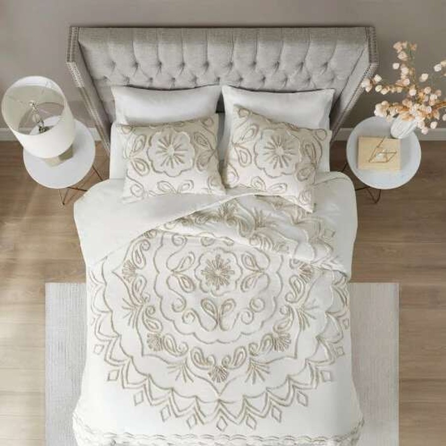 Wholesale Best Sale Madison Park Juliana Ivory/ Taupe Tufted Cotton Chenille Duvet Cover Set