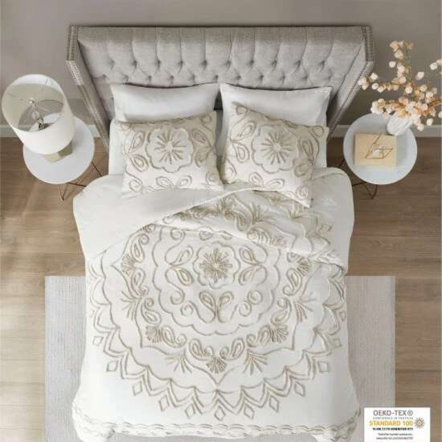 Wholesale Best Sale Madison Park Juliana Ivory/ Taupe Tufted Cotton Chenille Duvet Cover Set