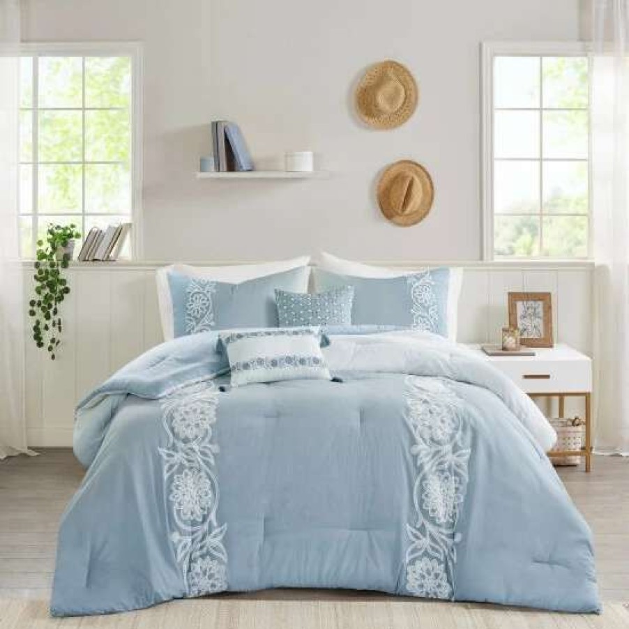 Hot Discount Madison Park Layla Blue 5 Piece Cotton Comforter Set