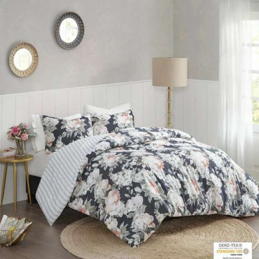 Wholesale Best Pirce Madison Park Kalina Dark Blue Cotton Printed Reversible Duvet Cover Set