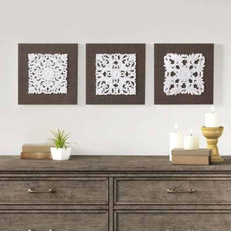 Hot Promo Madison Park White Mandala Trinity White/ Brown 3D Embellished Linen Canvas 3 Piece Wall Art