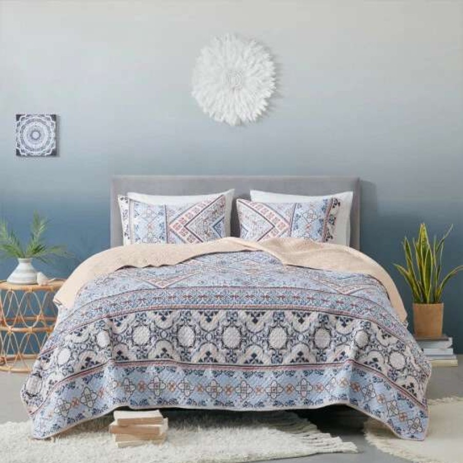 Hot Coupon Madison Park Ella Blue/ Blush Printed Microfiber Reversible Coverlet Set