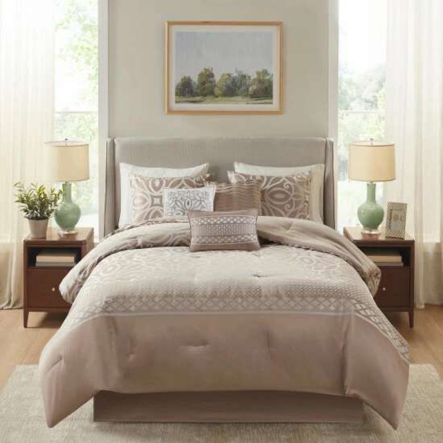 Clearance Wholesale Madison Park Atlas Taupe 7 Piece Jacquard Comforter Set