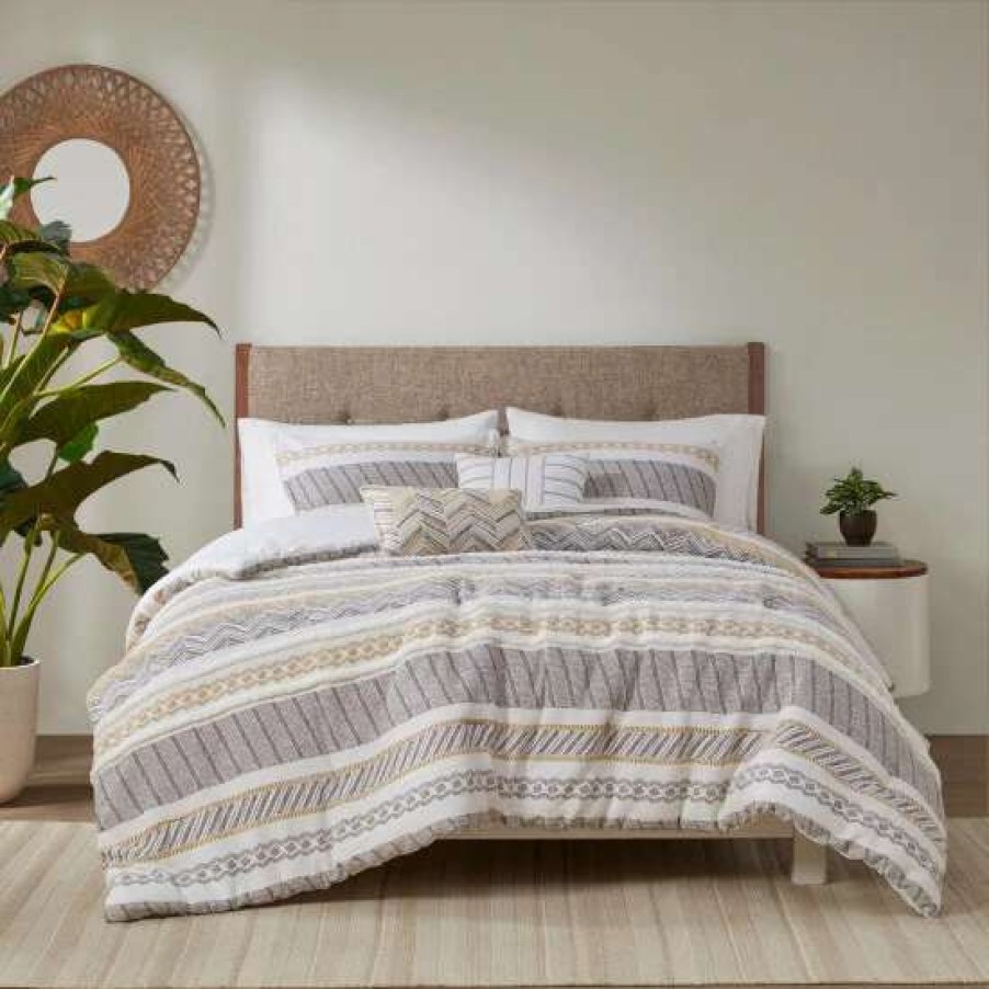 New Hot Sale Madison Park Aella Yellow/ Charcoal 5 Piece Cotton Printed Comforter Set