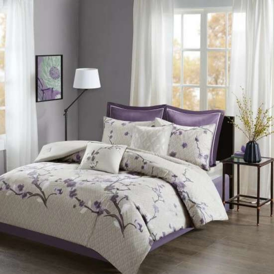 Clearance Cheapest Madison Park Isabella Grey And Purple 8 Piece Cotton Comforter Set