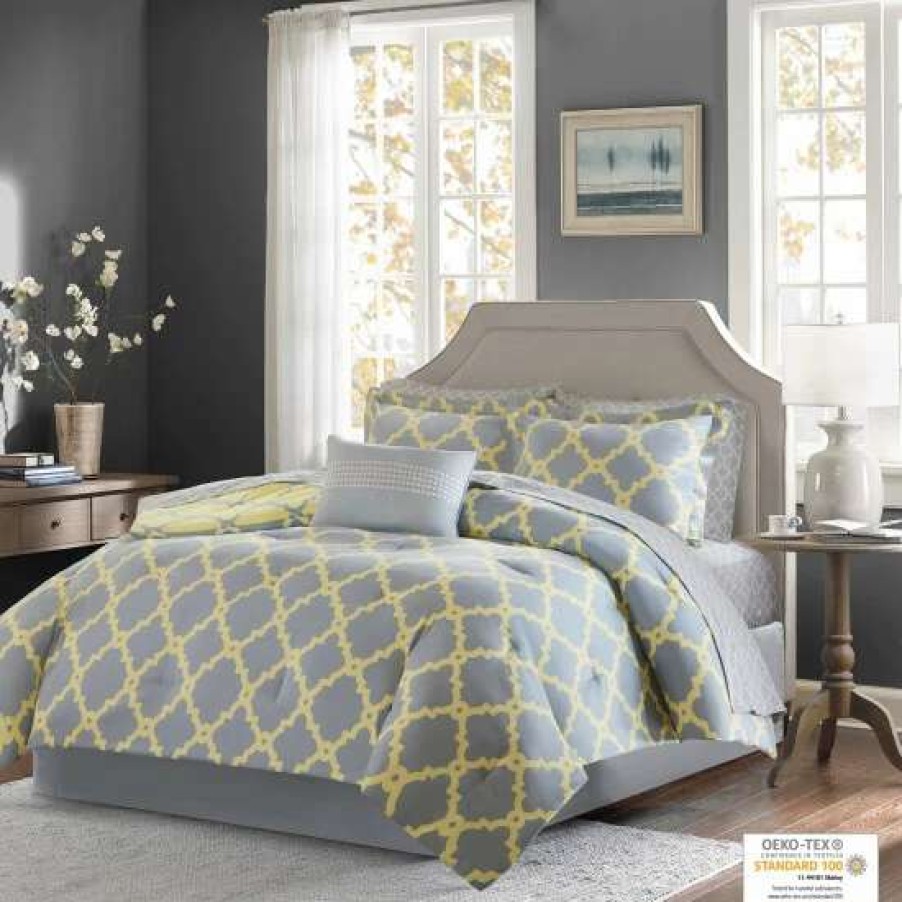 Online Outlet Madison Park Essentials Concord Grey/ Yellow Reversible Complete Comforter And Cotton Sheet Set