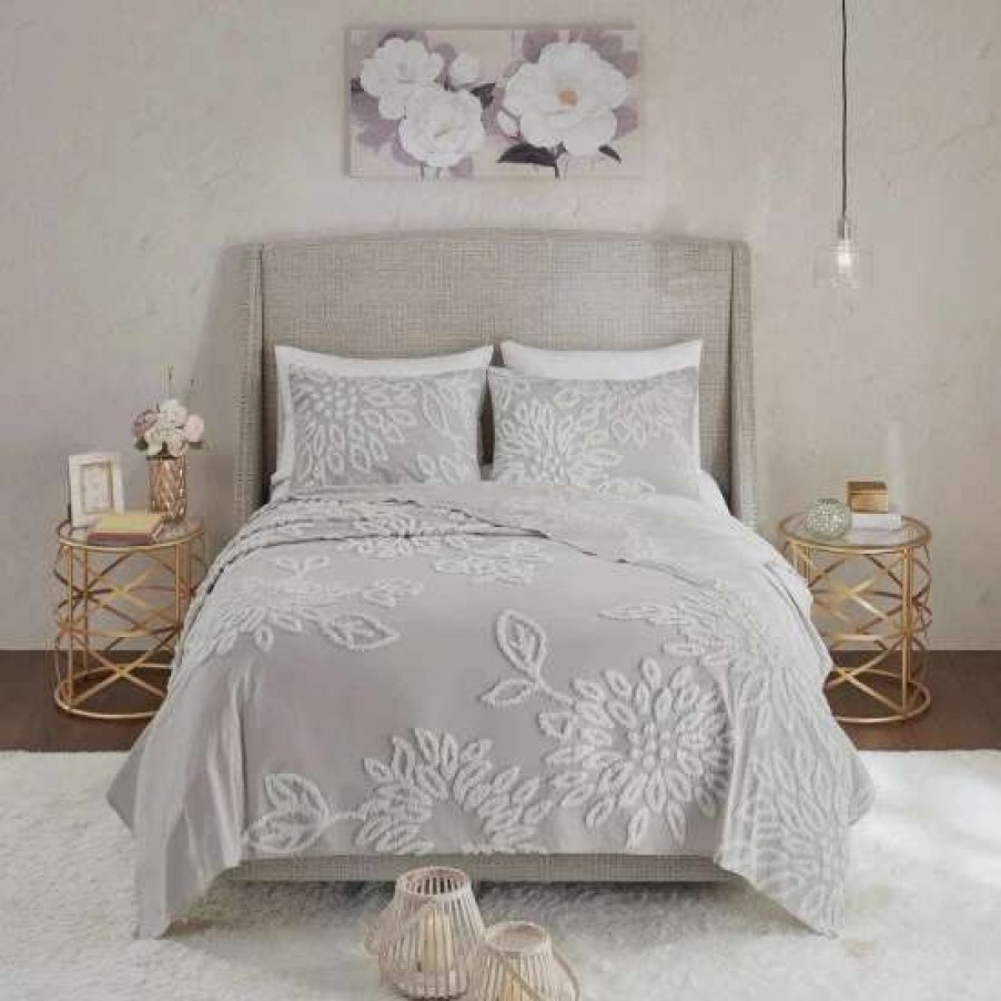 Hot Buy Madison Park Pansy Grey/ White Tufted Cotton Chenille Floral Coverlet Set