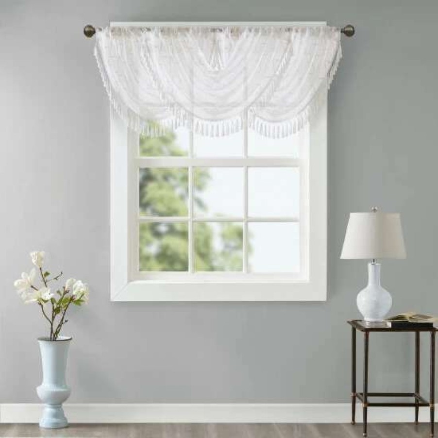 Wholesale Promo Madison Park Iris Diamond Sheer Embroidered Waterfall Rod Pocket Valance 38 X 46 /Grey