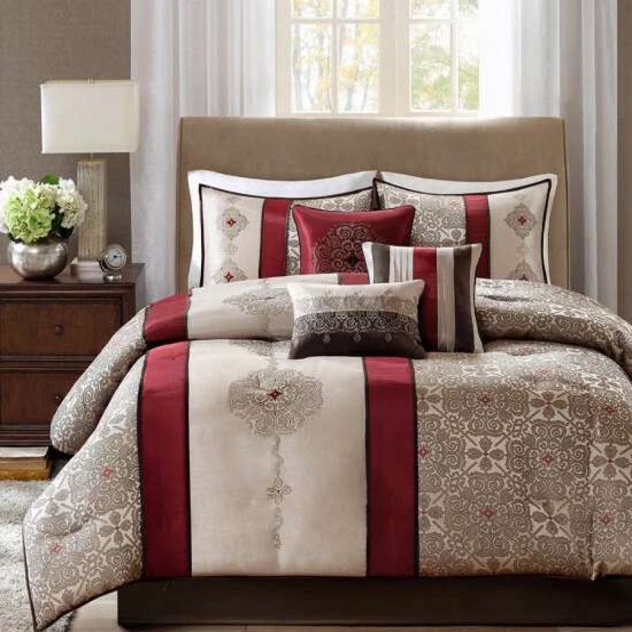 Hot Brand New Madison Park Blaine 7 Piece Jacquard Comforter Set Red